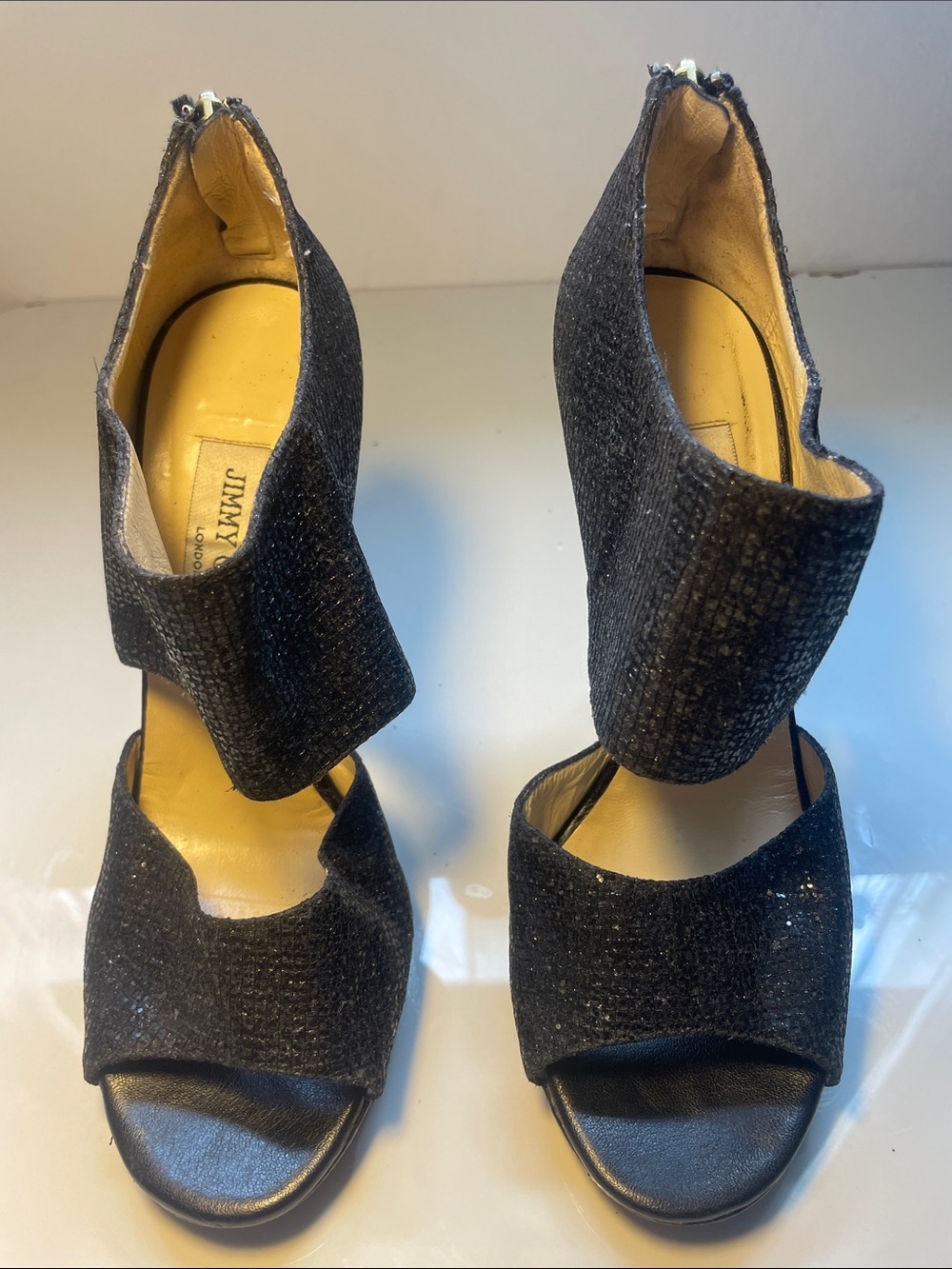 Jimmy Choo Black Textured Open-Toe Ankle Cuff Heels